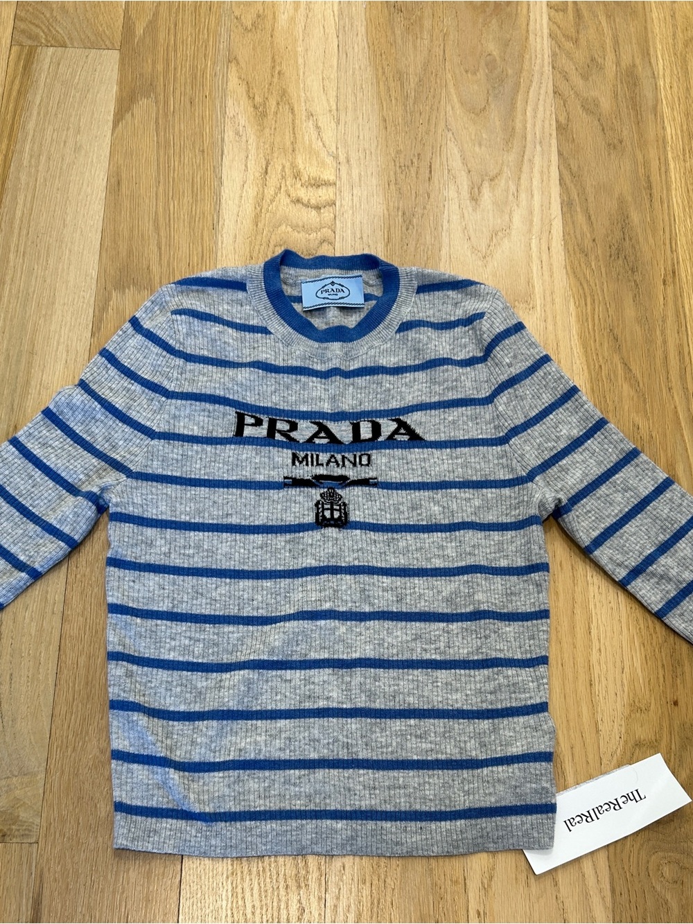 Prada Gray Sweater with Blue Stripes and Logo Crewneck
